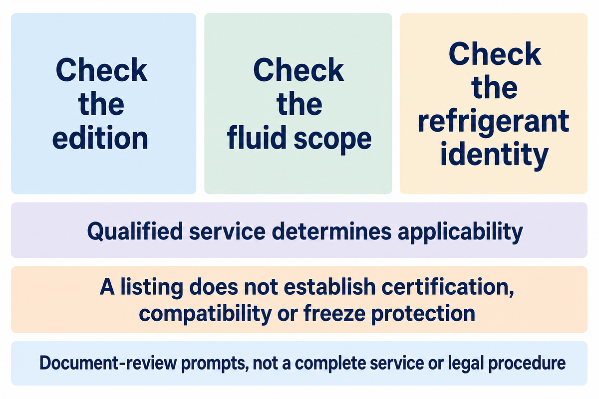 Check document edition, fluid scope and refrigerant identity; qualified service must determine applicability