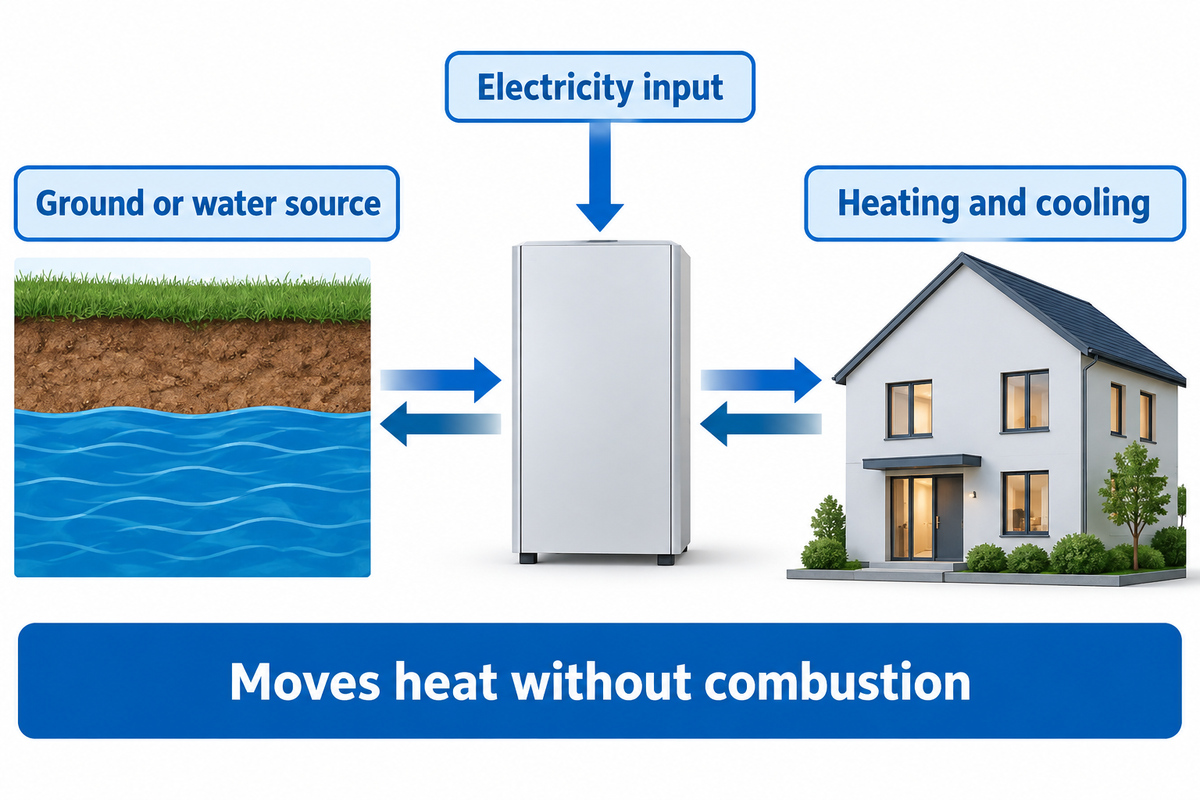 Electricity transfers heat between ground or water and a building without combustion - U.S. DOE.