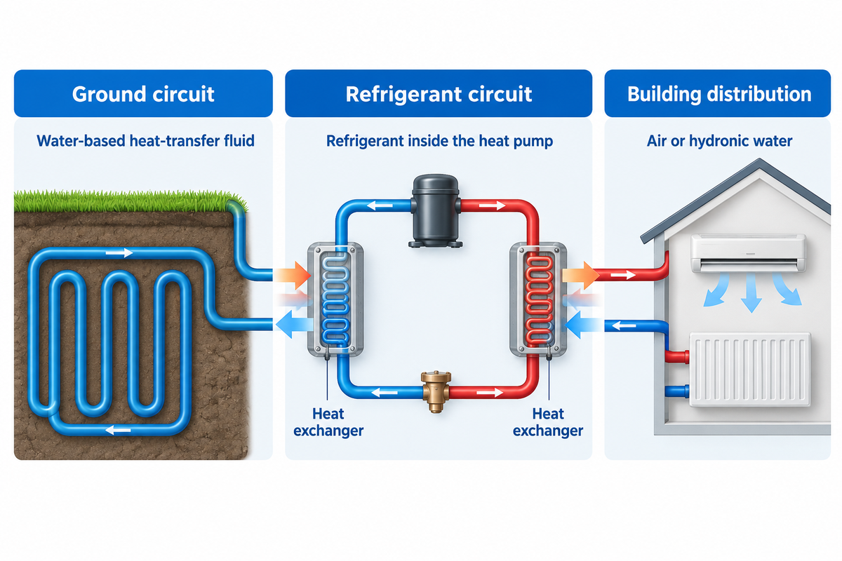 Ground fluid, refrigerant and building distribution remain separate across heat exchangers - PNNL.