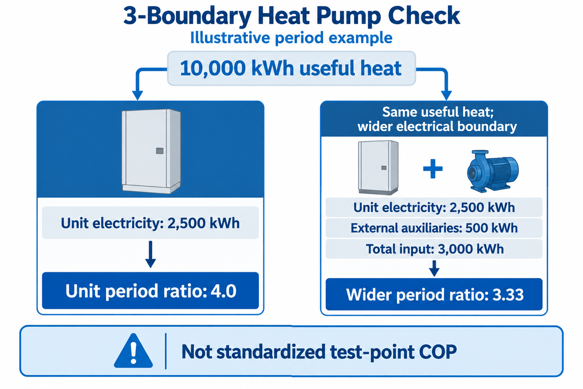 Assumed 10,000 kWh heat / 2,500 kWh input = 4.0; adding 500 kWh gives 3.33, not test COP - guide example.