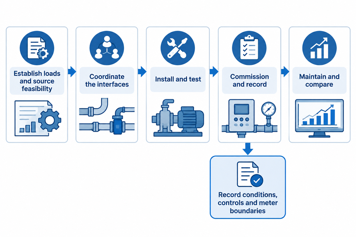 Five activities connect source feasibility, installation, commissioning records and maintenance - PNNL.