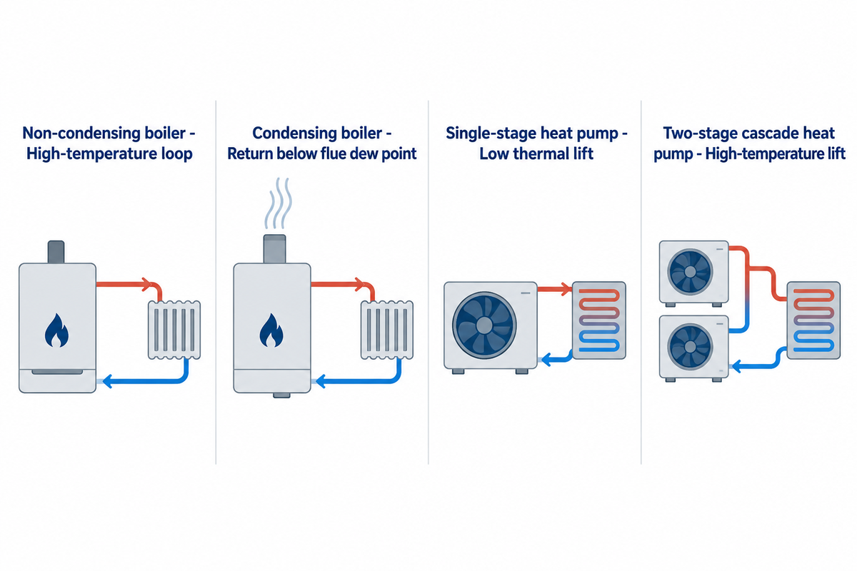 Four hydronic operating regimes comparing non-condensing boilers, condensing boilers, single-stage heat pumps, and cascade heat pumps.
