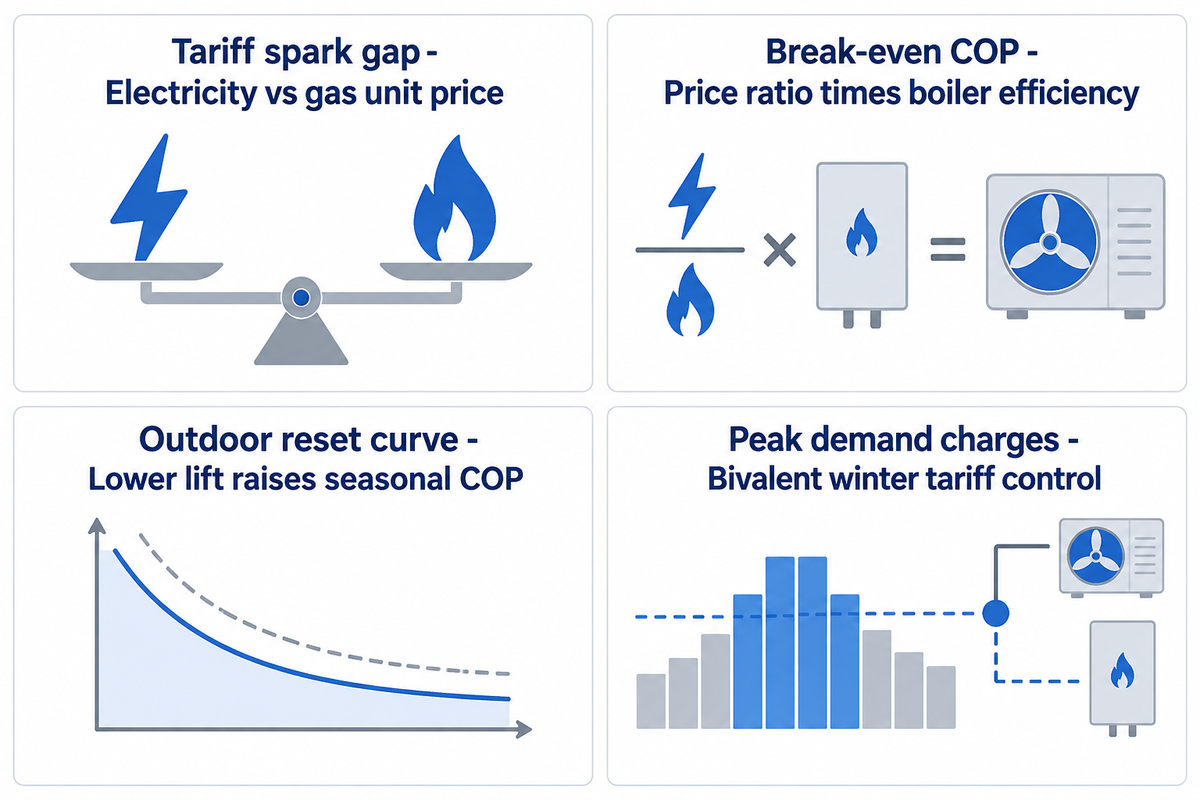 Four-panel engineering diagram showing tariff spark gap, break-even COP formula, outdoor reset curve, and demand charge management.