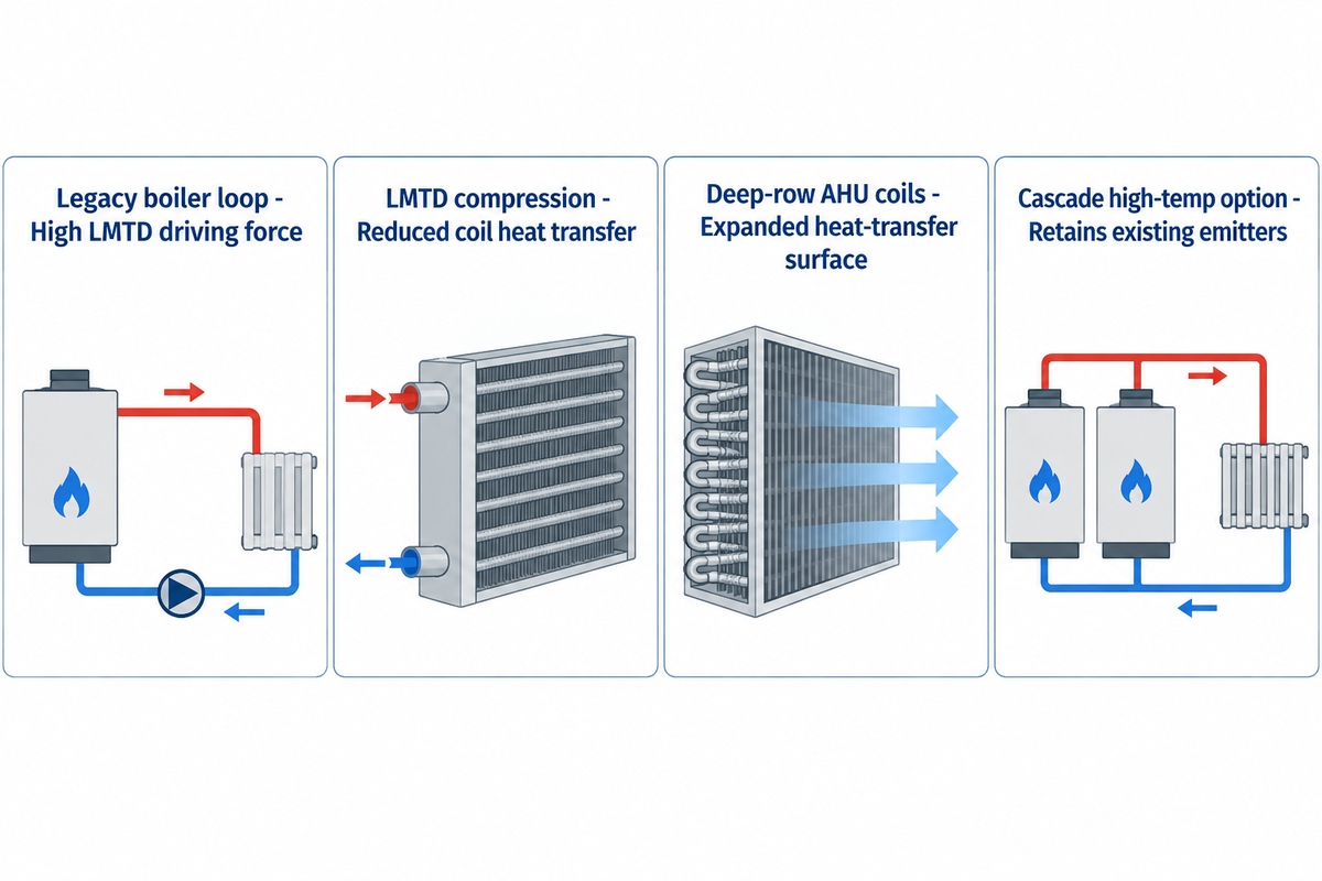 Hydronic heating coil derating explainer comparing high-LMTD boiler loops, LMTD compression, deep-row AHU coils, and cascade heat pumps.