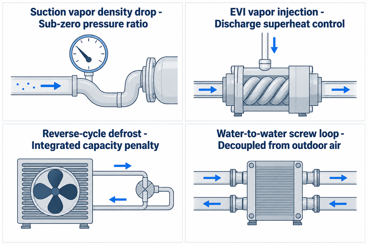 Sub-zero heat pump engineering comparison of suction density drop, EVI vapor injection, reverse-cycle defrost, and water-source screw loops.