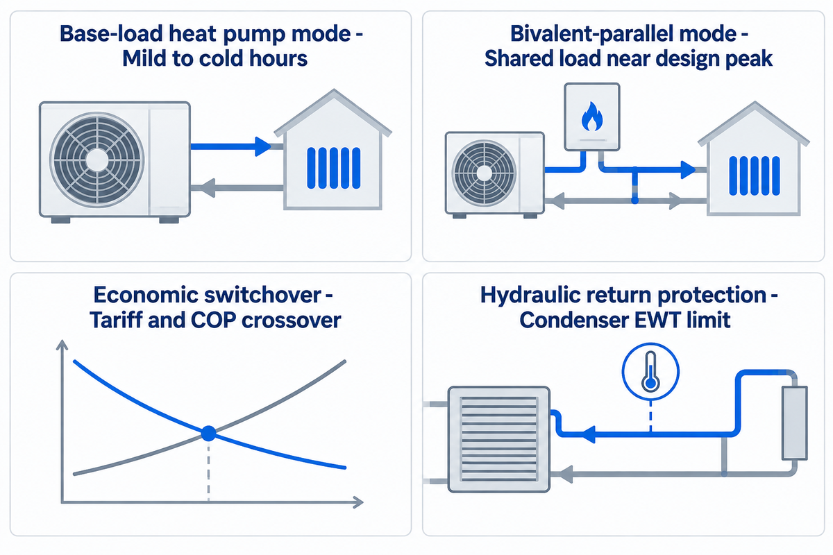 Bivalent hybrid hydronic plant staging diagram showing base-load heat pump mode, parallel mode, switchover lockout, and EWT protection.