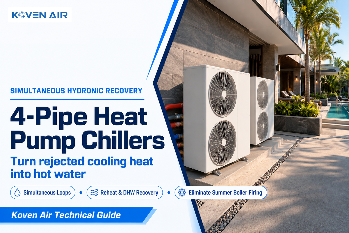 Koven Air 4-pipe simultaneous heating and cooling heat pump unit with hot-water and chilled-water hydronic manifolds.