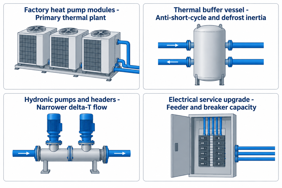 Four-part breakdown of a commercial boiler-to-heat-pump retrofit: heat pump modules, buffer tank, hydronic piping, and electrical service.