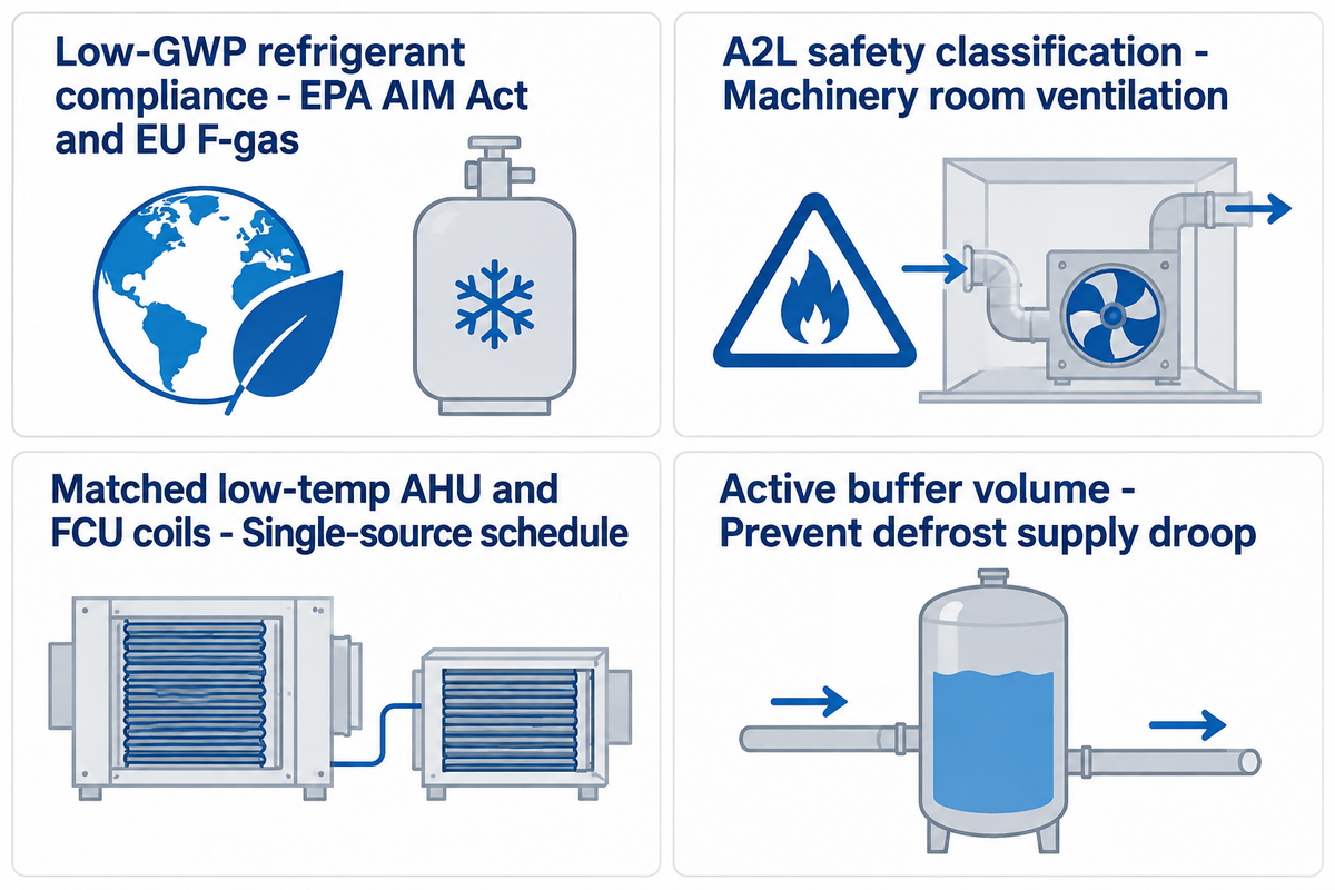 Four procurement checks for commercial heat pump bids: low-GWP refrigerants, A2L safety, matched AHU/FCU coils, and buffer volume.