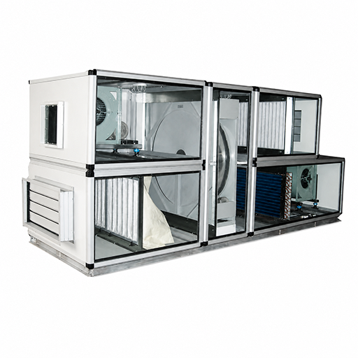 Modular heat recovery AHU with rotary wheel, filtration and cooling coil sections
