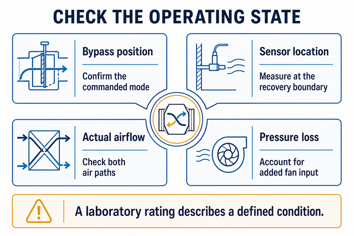 Field heat recovery checks include bypass position, sensors, airflows and pressure loss