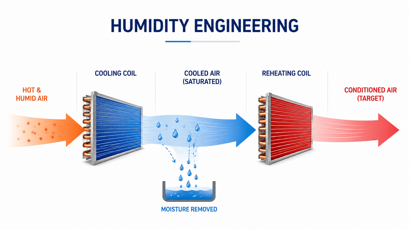 Humidity engineering diagram showing cooling, moisture removal and reheating