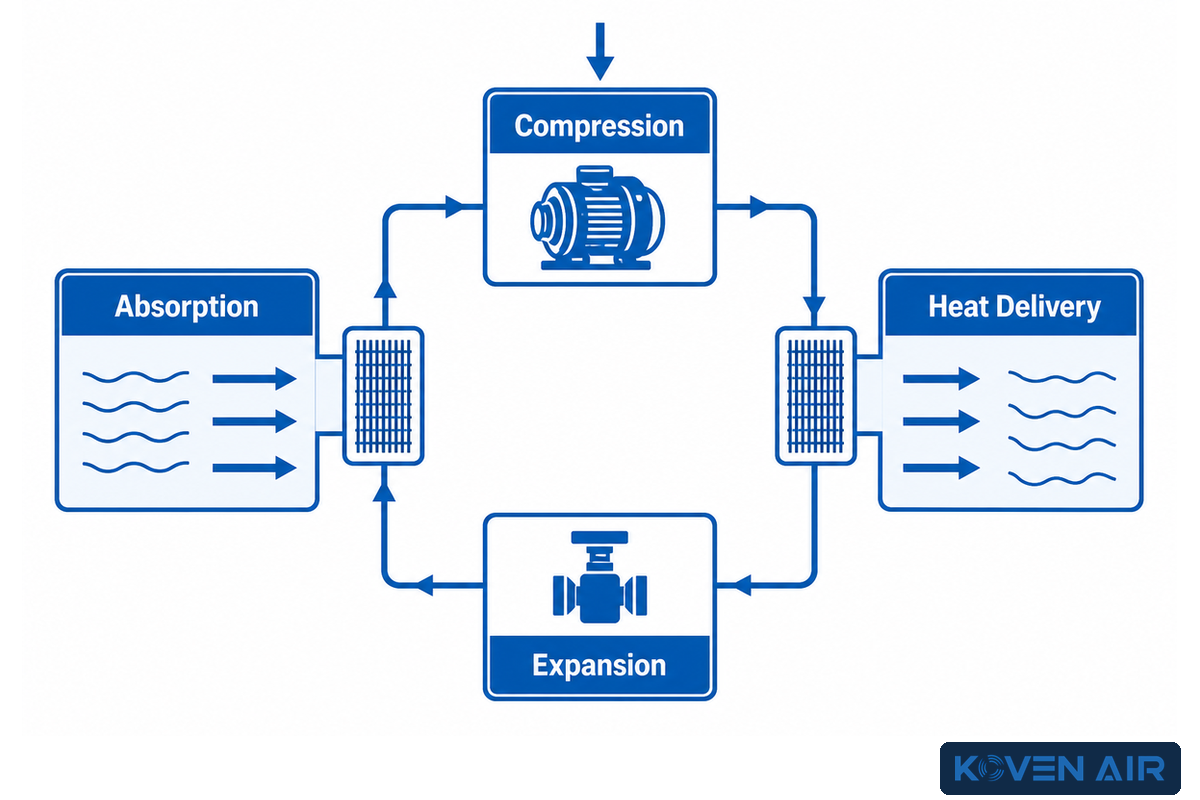 Heat-pump cycle showing absorption, compression, heat delivery and expansion between source and sink