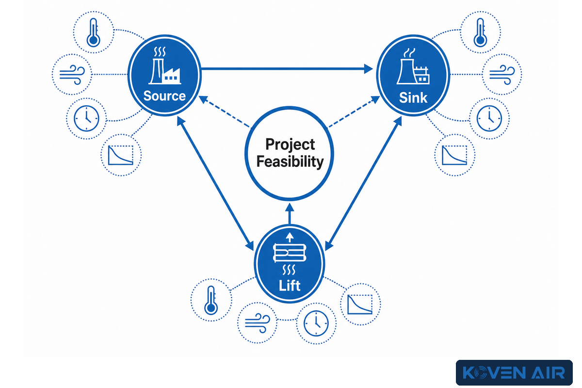 Source-Sink-Lift Triangle for screening heat-pump project feasibility