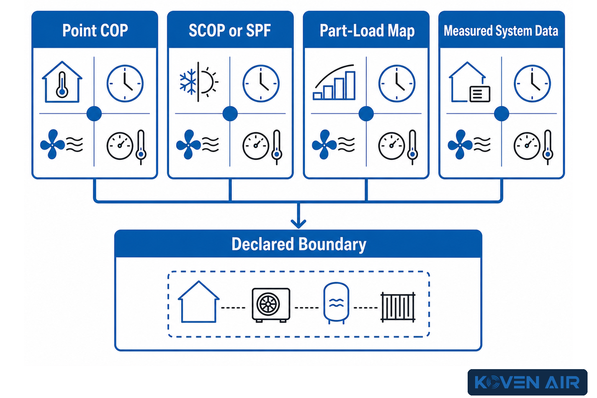 Point COP, seasonal performance, part-load map and measured system data compared within a declared boundary