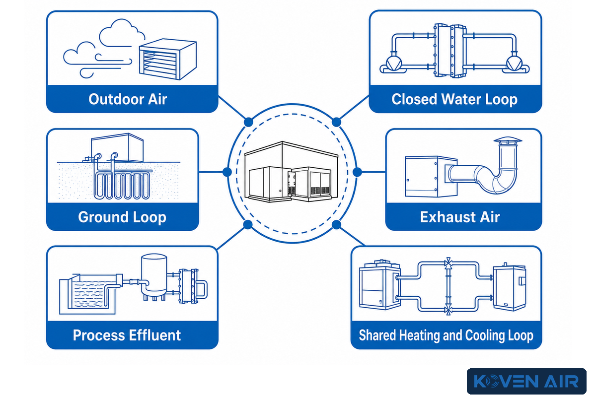 Heat-pump source family map for outdoor air, water loop, ground loop, exhaust, process effluent and shared loops