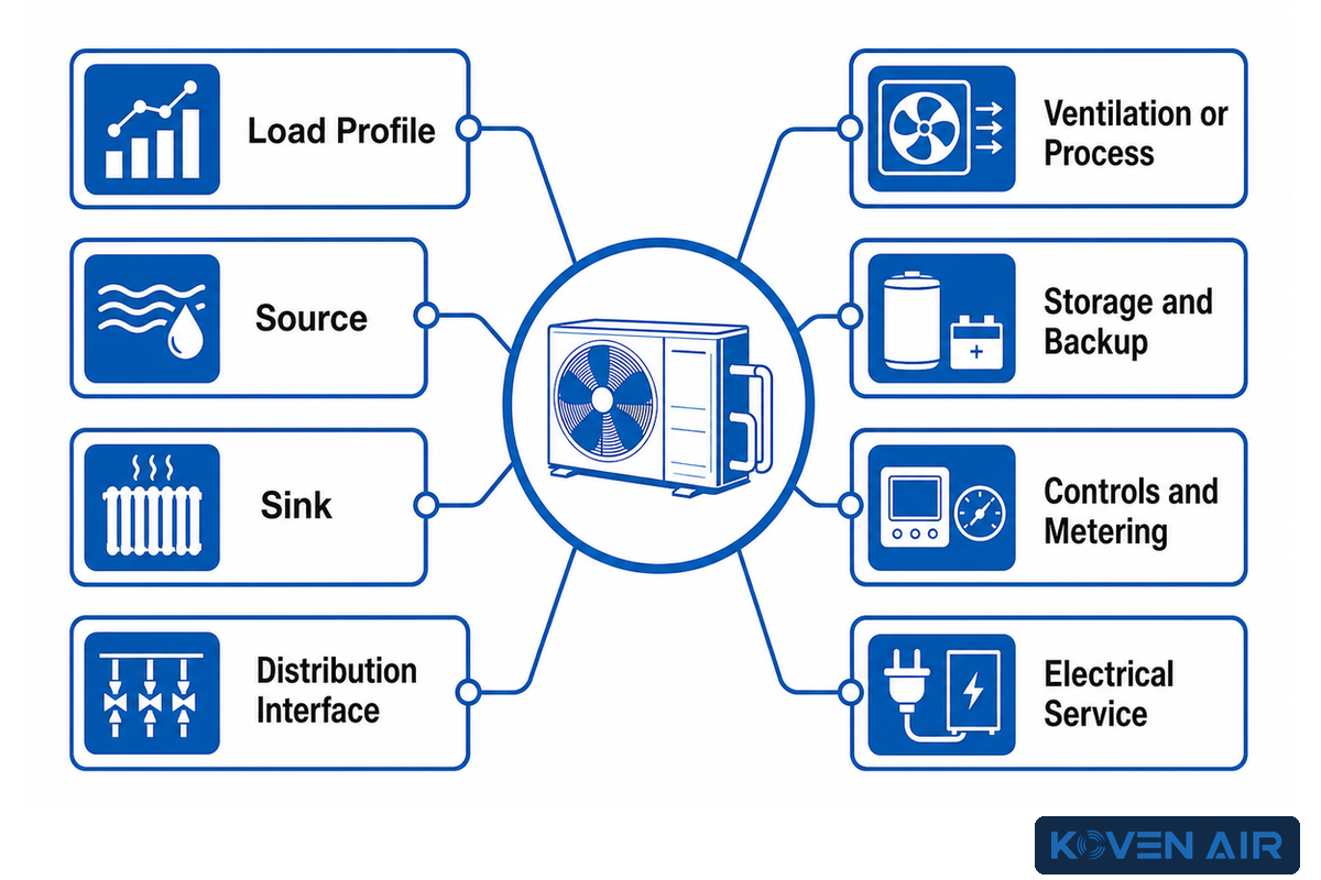 Heat-pump integration brief connecting load, source, sink, distribution, process, backup, controls and electrical service