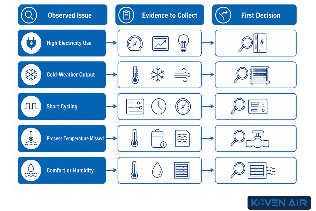 Heat-pump underperformance diagnostic path from observed issue through evidence to first decision