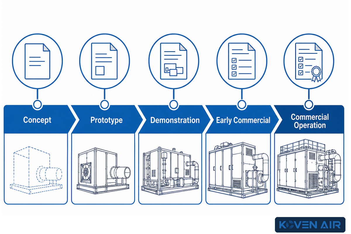 High-temperature heat-pump maturity ladder from commercial operation through early commercial, demonstration, prototype and concept