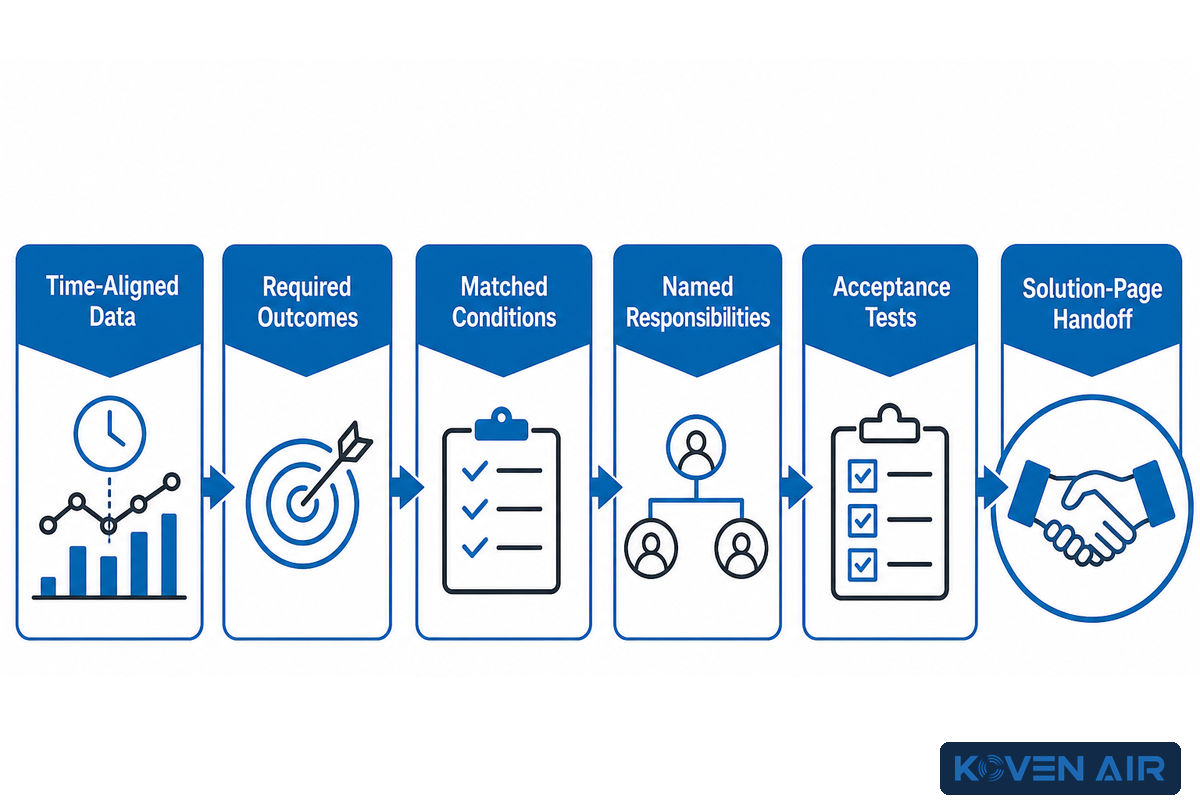 Project-brief handoff from time-aligned data and matched conditions to responsibilities, acceptance tests and solution-page follow-up