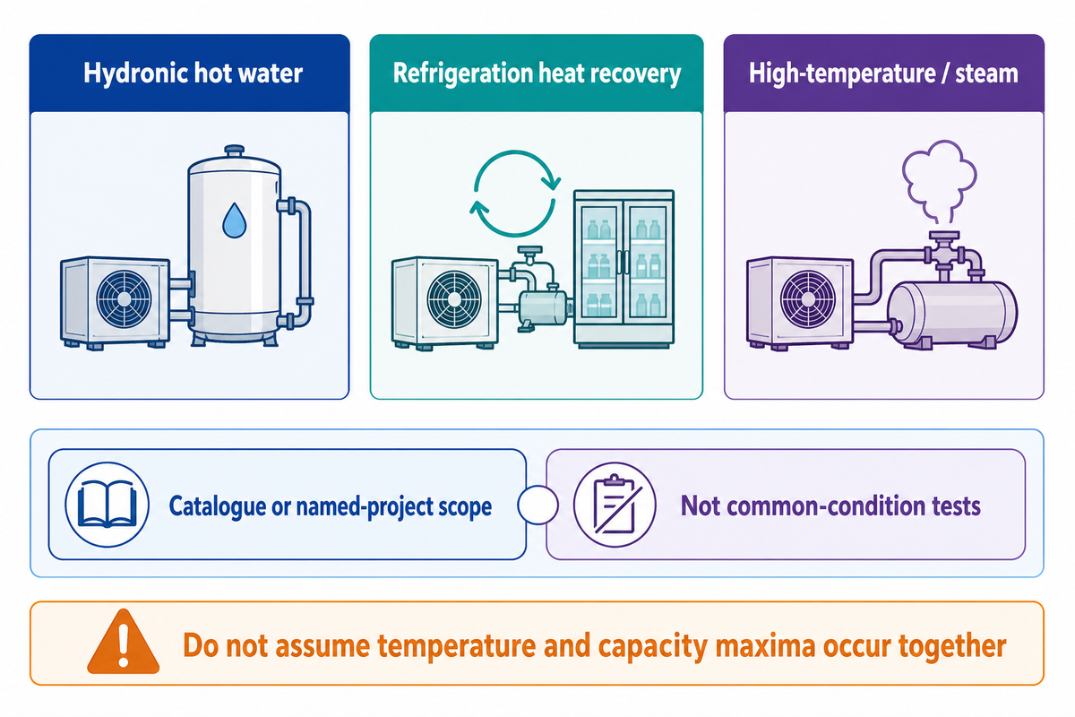 Three heat-duty groups guide the directory, with catalogue and project maxima kept separate from common-condition tests