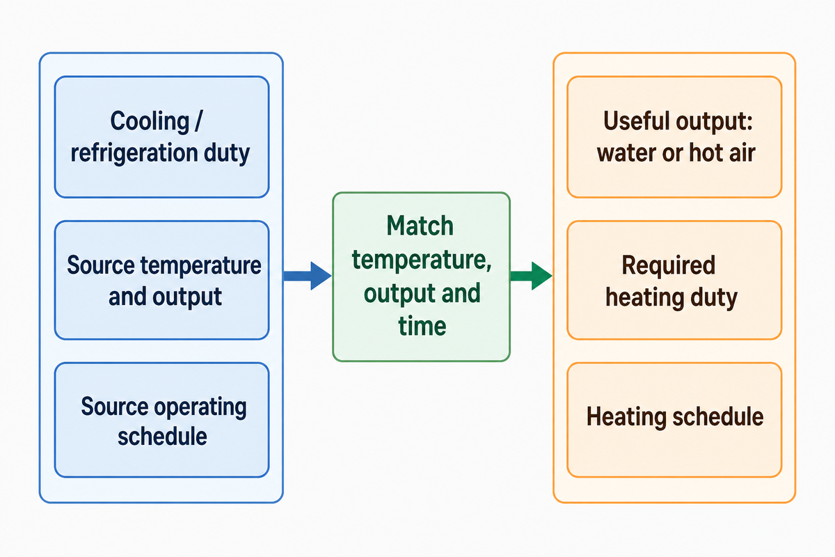 Refrigeration recovery must match heating demand in useful medium, source temperature, available output and operating schedule