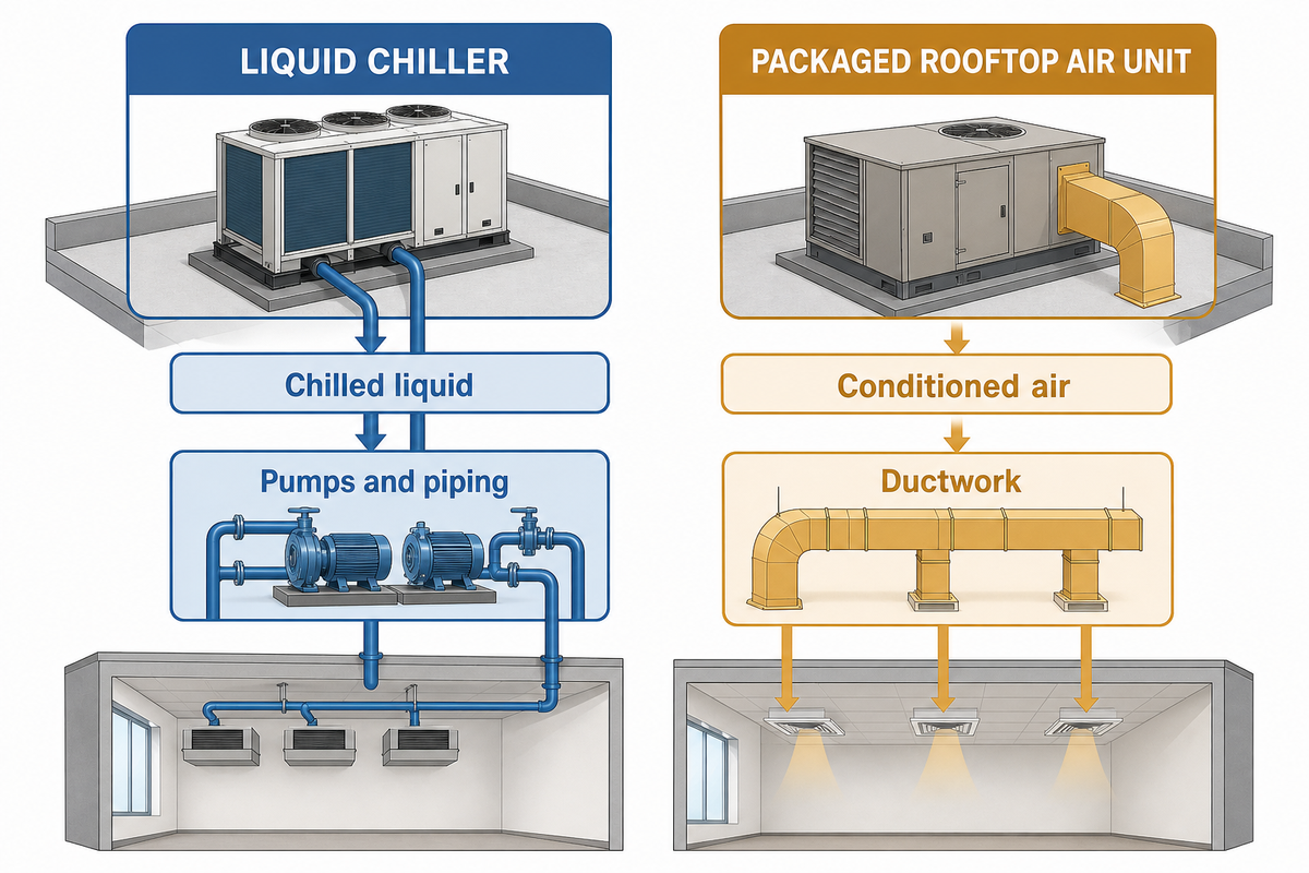 Liquid chiller uses liquid piping while a packaged rooftop unit supplies air through ducts