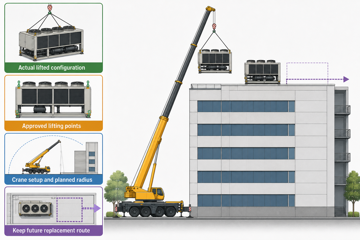 Crane planning uses actual lifted configuration, lifting points, setup and replacement access