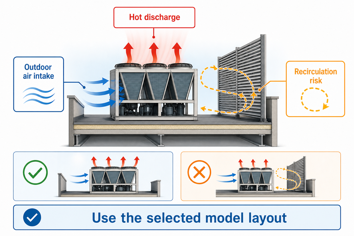 Outdoor intake and hot discharge paths stay separate; screens can create recirculation