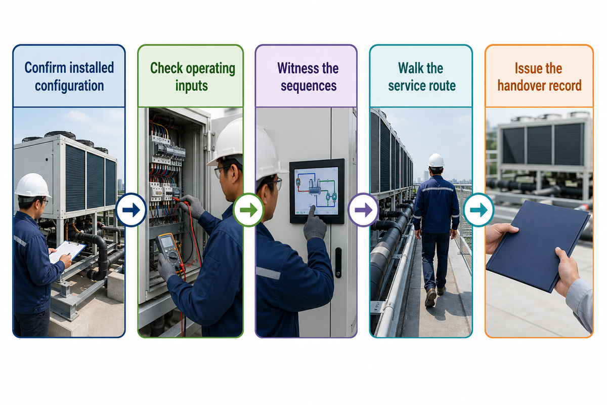Five handover stages verify configuration, operating inputs, sequences, service route and records