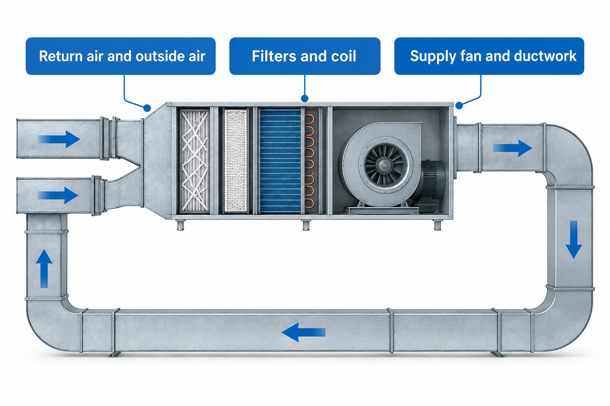 Air path from return and outdoor air through filters, coil and supply fan.