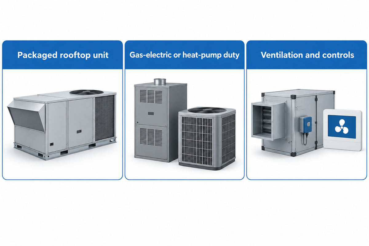 Commercial RTU configurations separate packaged, gas-electric, heat-pump and ventilation duties.