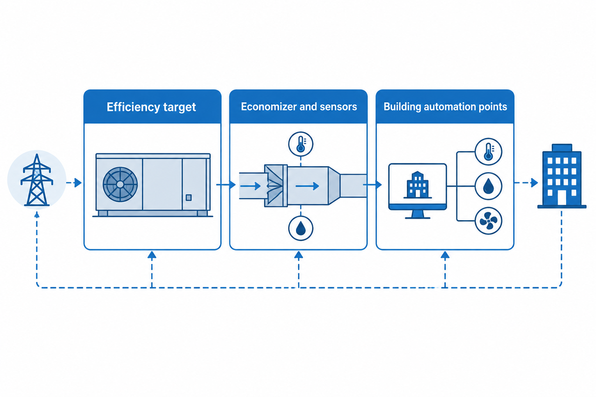 RTU efficiency, ventilation and controls must match operating sequence, sensors and points.