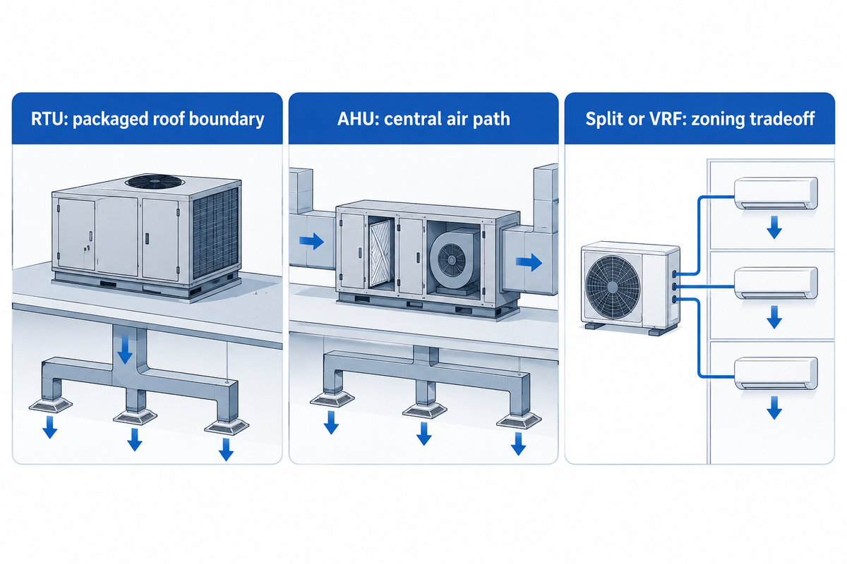 RTU versus AHU, split system and VRF tradeoffs for commercial zoning and service.