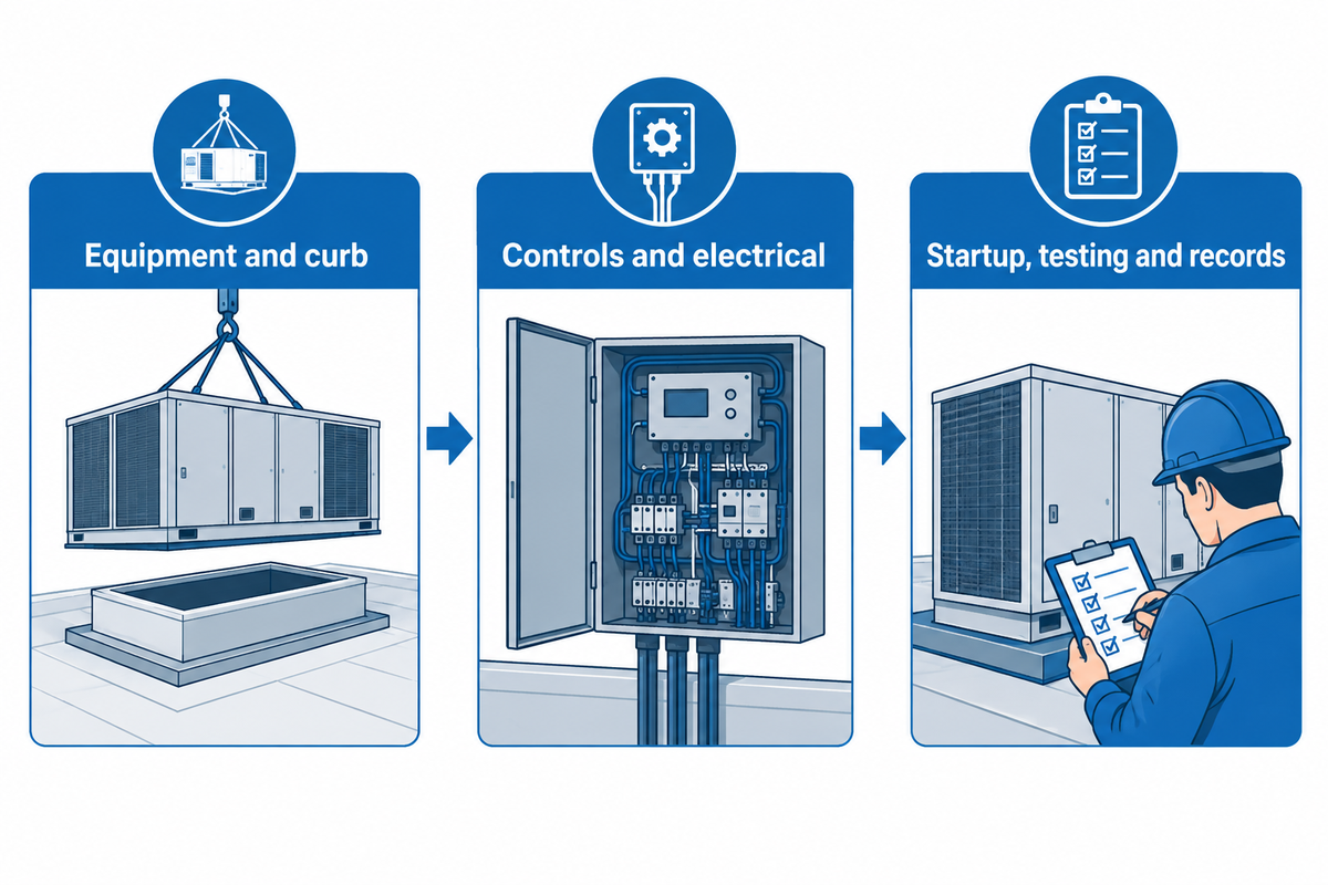 Commercial RTU quote scope includes equipment, curb, controls, startup, testing and documents.