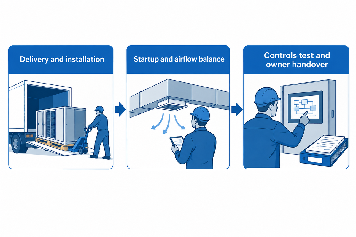 RTU commissioning path from delivery inspection through startup, balancing, controls and handover.