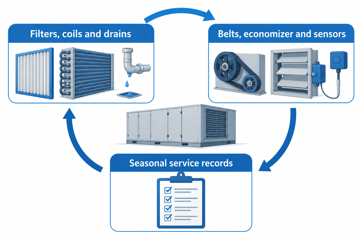 RTU maintenance loop for filters, coils, drains, belts, economizer, sensors and records.