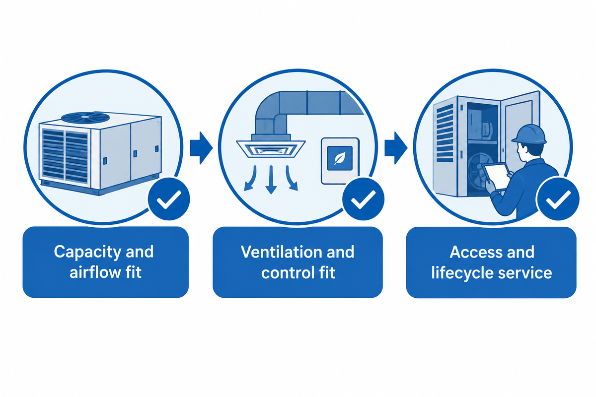 RTU fit-to-handover map connecting capacity, airflow, ventilation, controls, access and service.