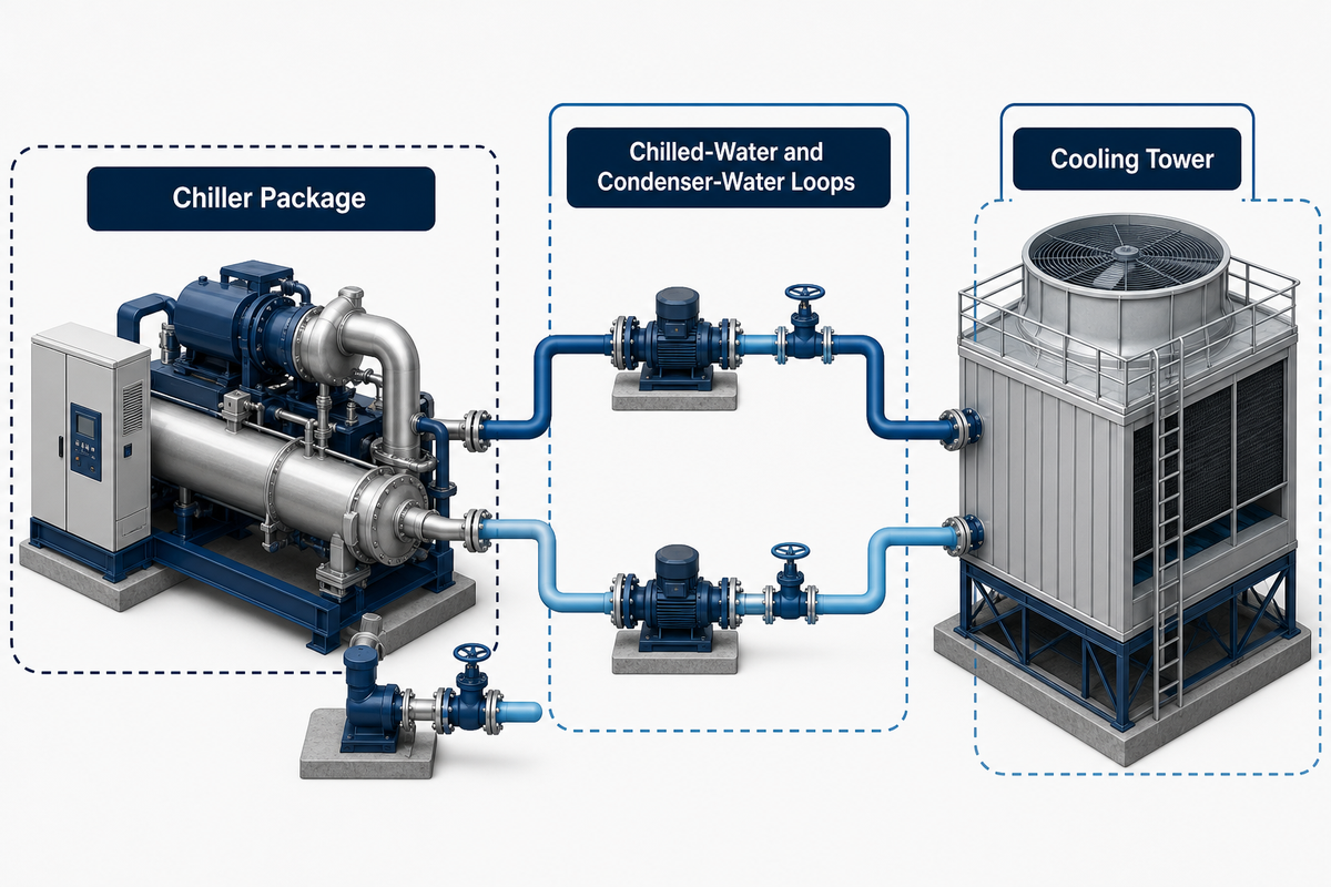 Water-cooled chiller system boundary with chilled-water loop, condenser-water loop, pumps and cooling tower