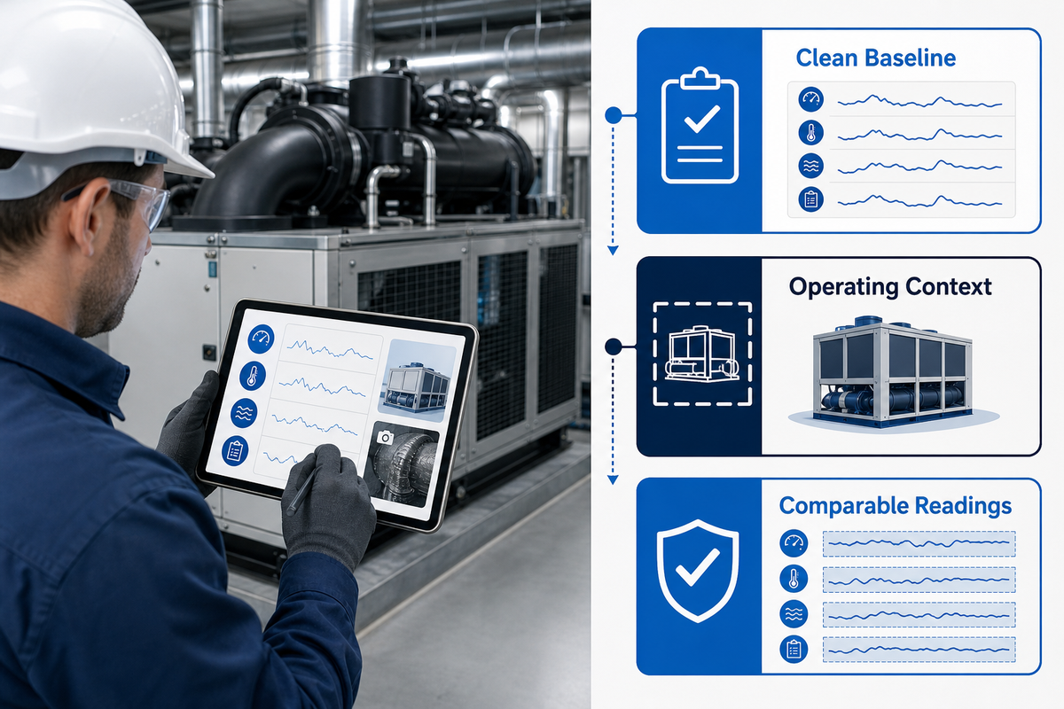 Technician recording chiller baseline readings and maintenance evidence on a tablet