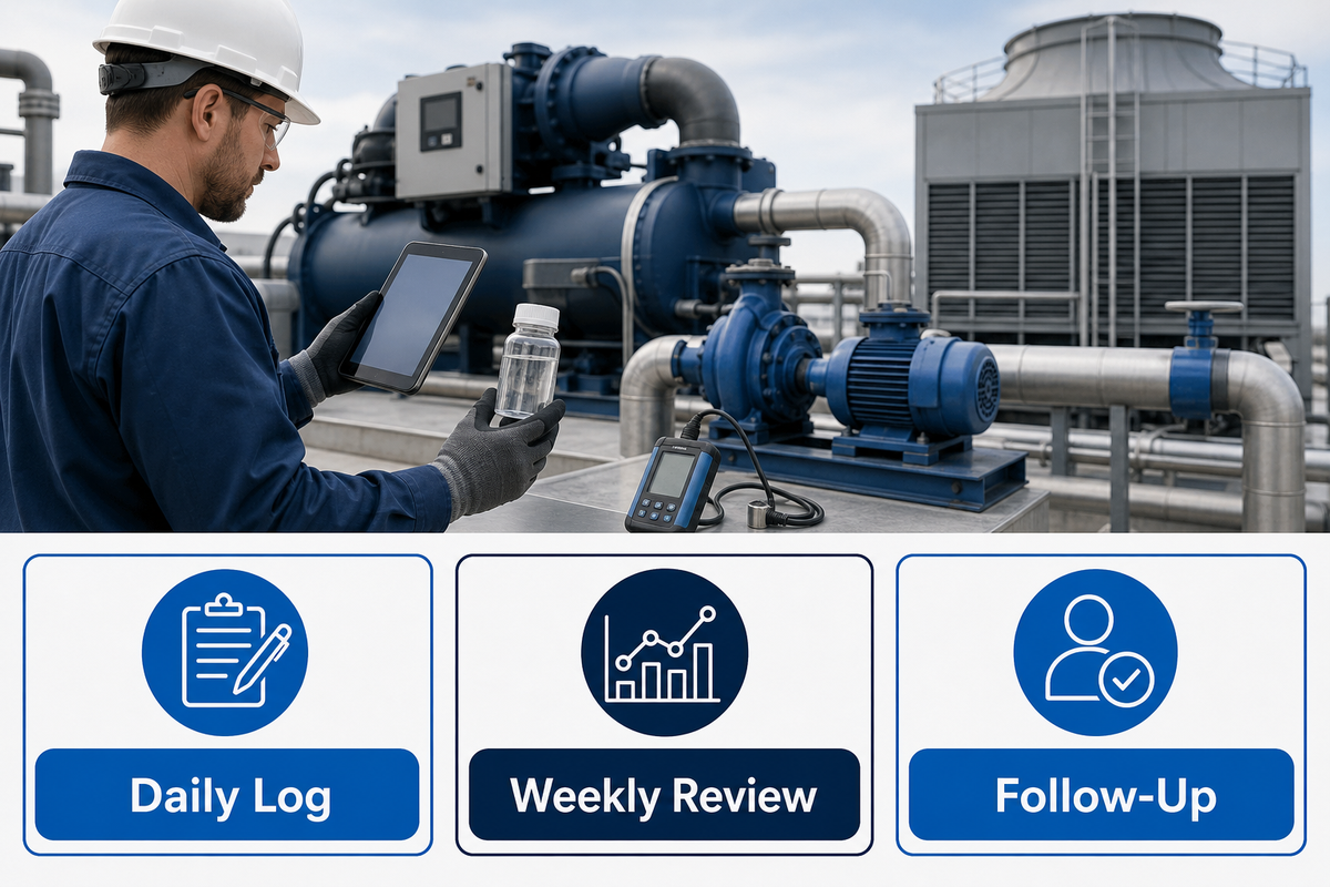 Operator completing a daily chiller walkdown with a tablet, water sample and condition instruments