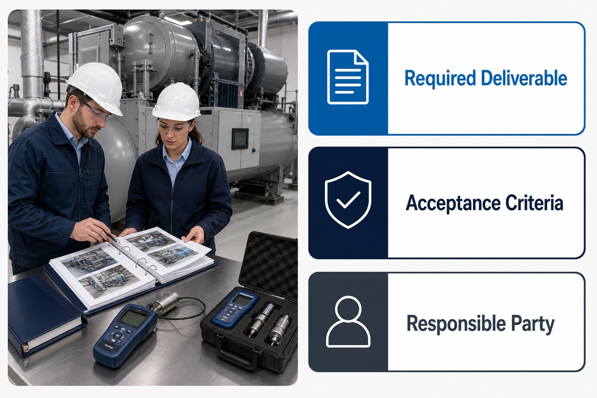 Engineers reviewing an annual chiller maintenance proof pack and inspection records