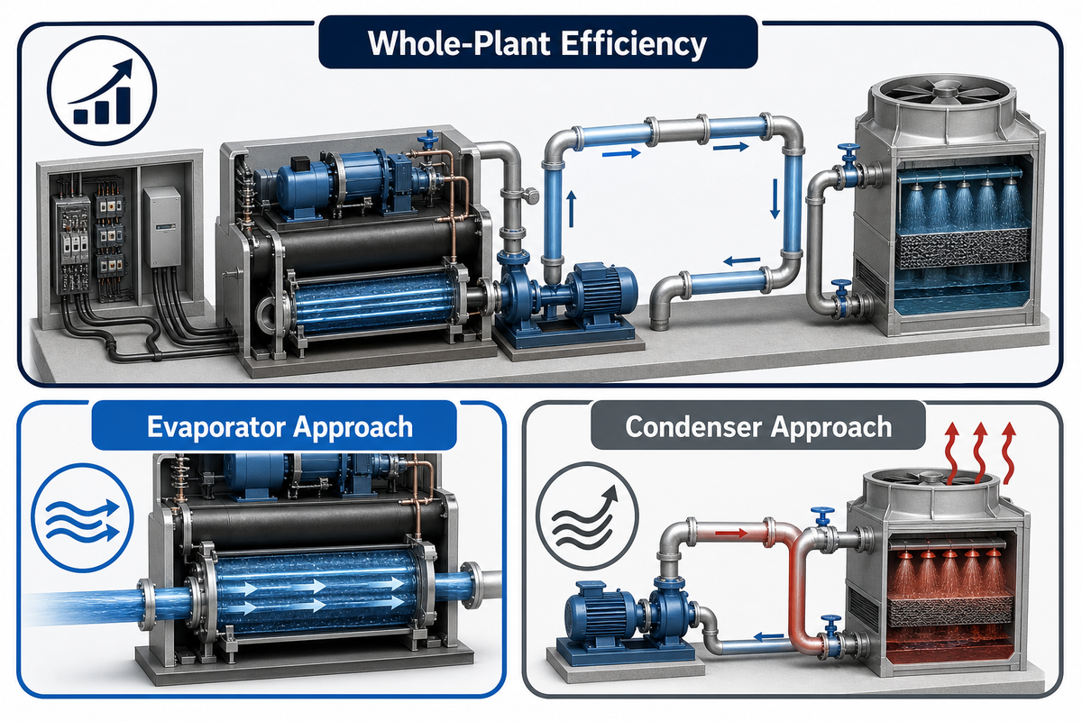 Engineer comparing separate chiller, pump, cooling-tower and whole-plant performance boundaries