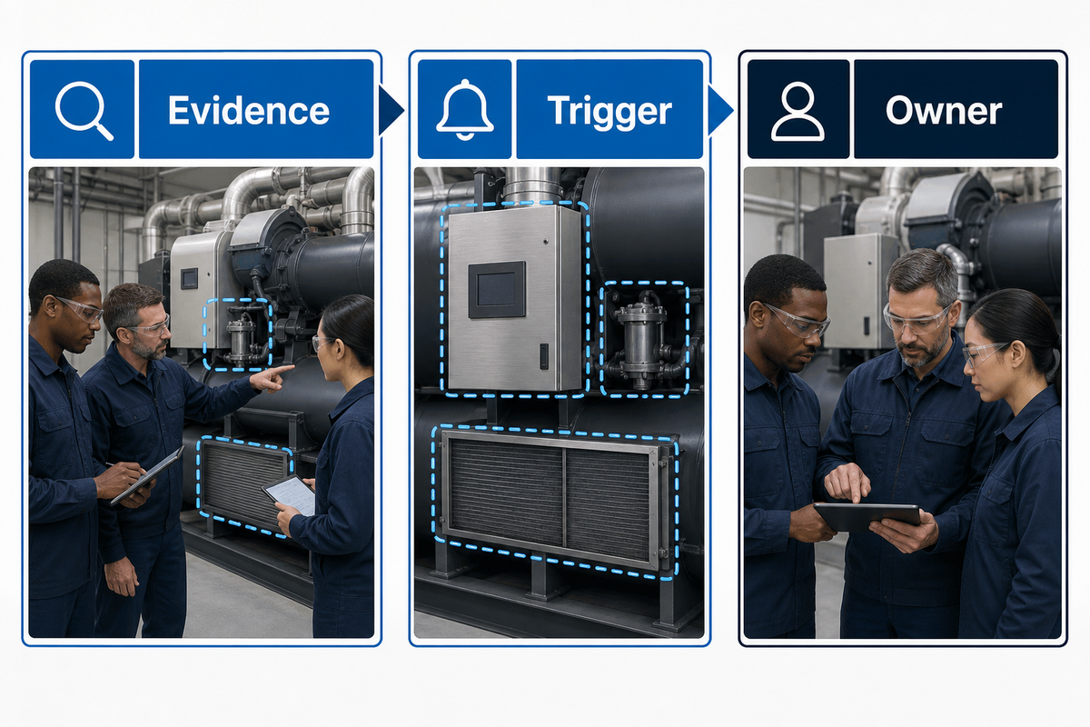 Maintenance team assigning an evidence-based chiller finding to an owner and escalation path