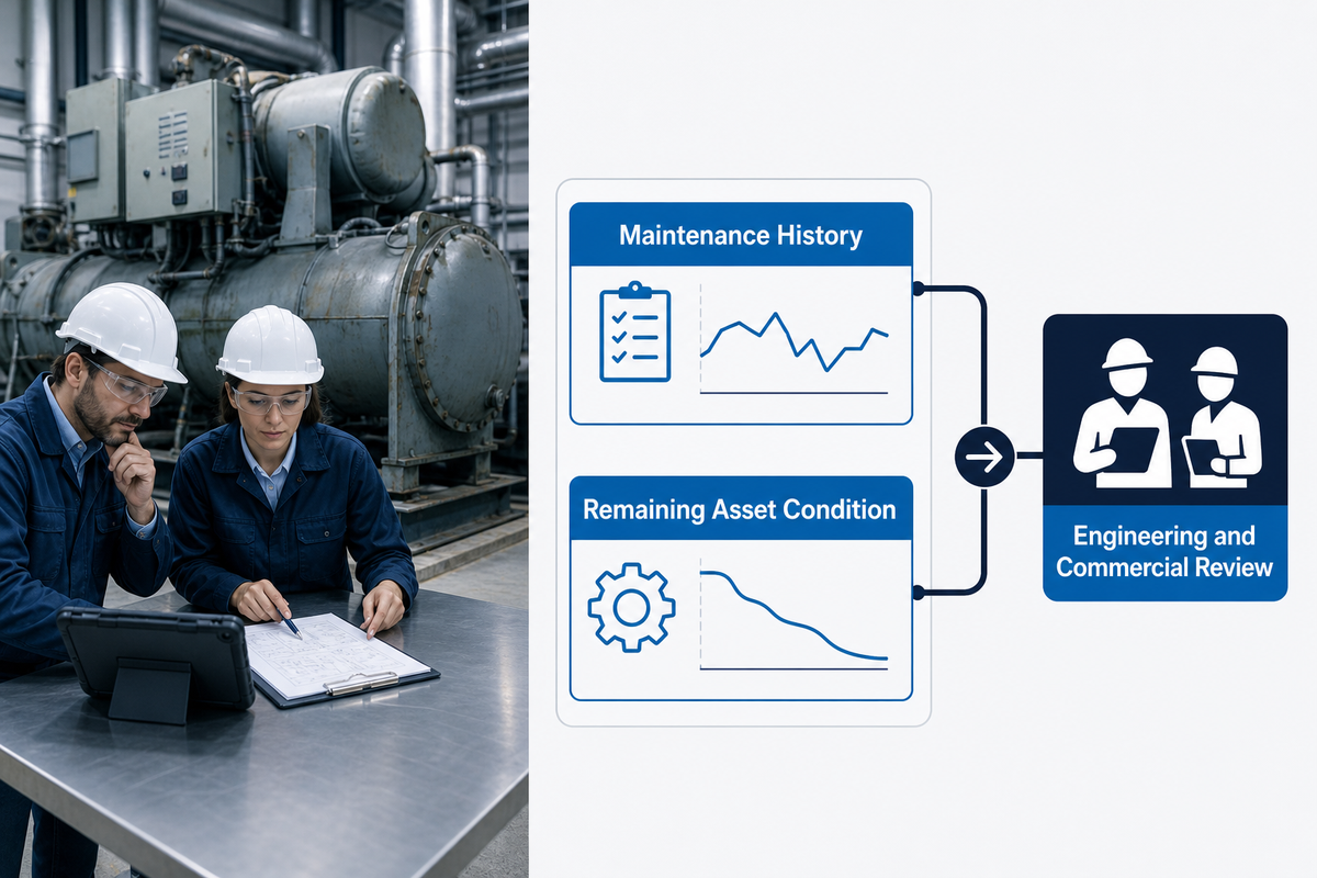 Facility engineer and technical buyer reviewing chiller service history and replacement evidence