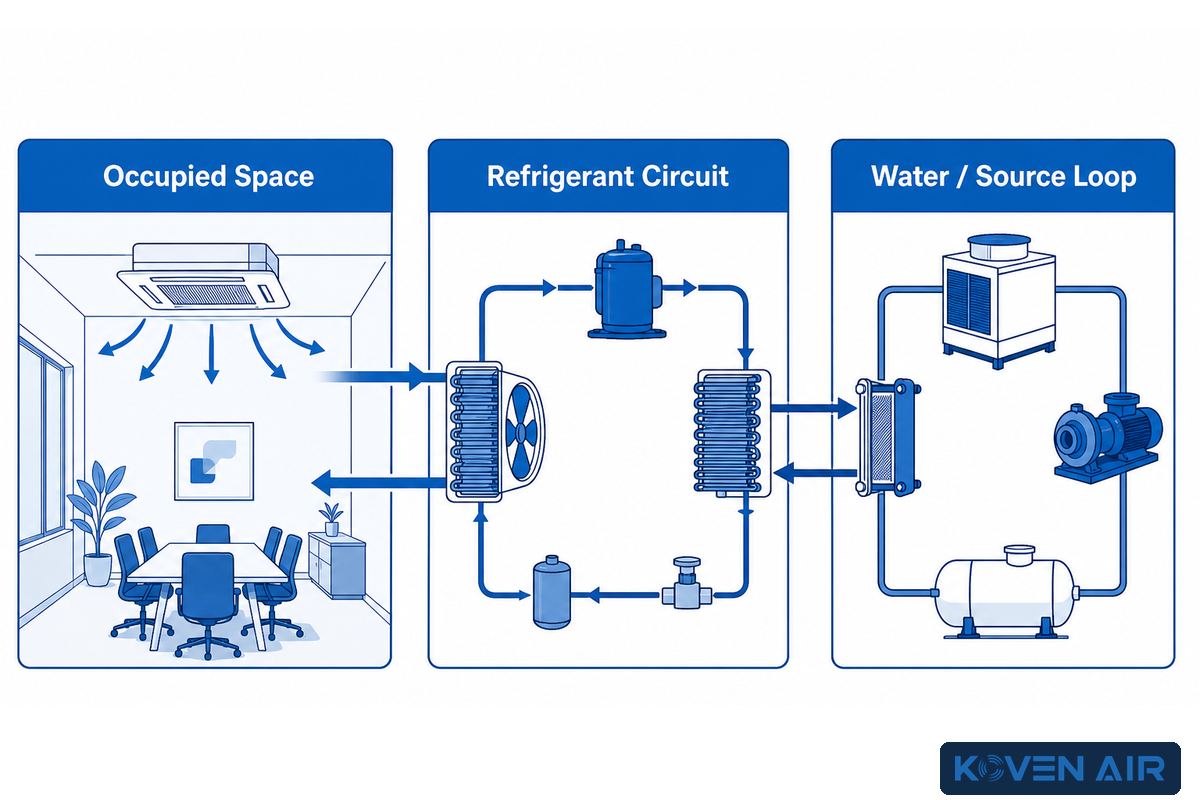 WSHP system boundary map linking occupied space, refrigerant circuit and water-source loop