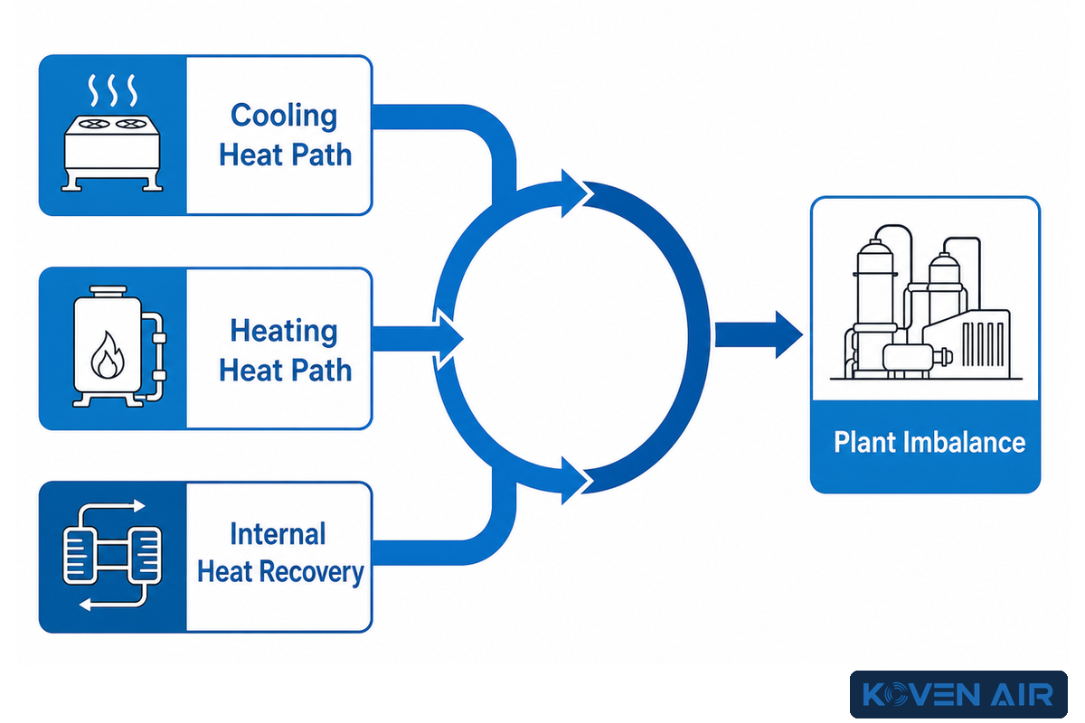 WSHP heat-flow map showing cooling, heating, internal heat recovery and central plant balance