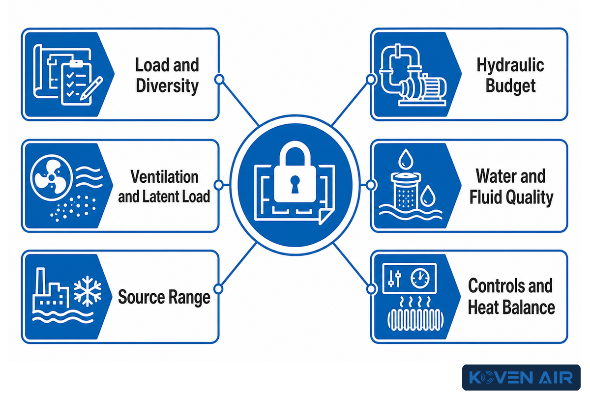 Six-input WSHP design lock for load, ventilation, source, hydraulics, water quality and controls