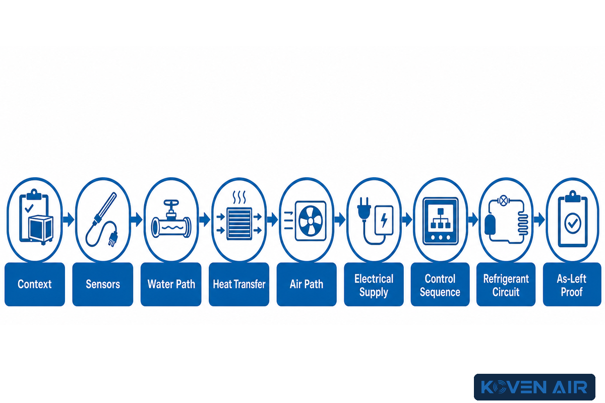 Nine-stage WSHP diagnostic path from context and water checks to refrigerant and as-left proof