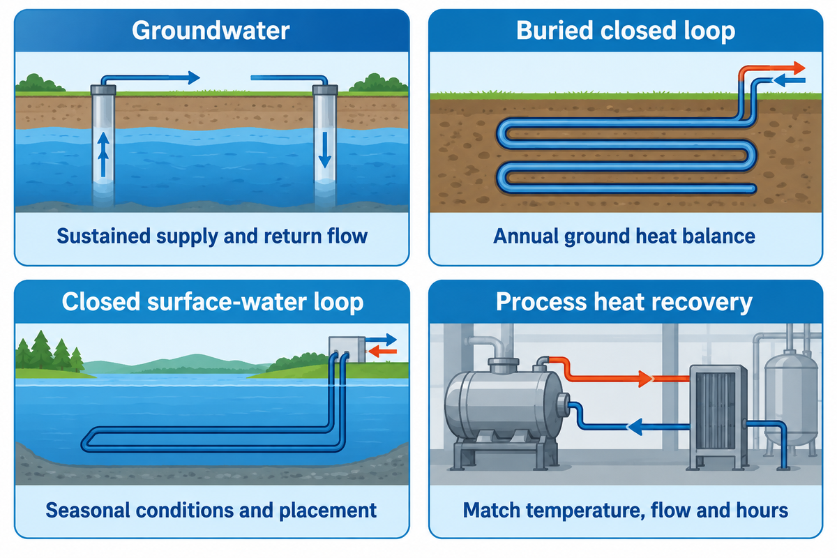 Groundwater, buried pipe, surface loops and process heat have different constraints - DOE and ASHRAE.